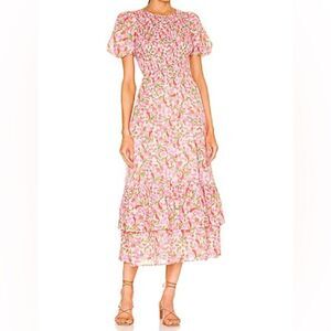 BANJANAN Pink Floral Maxi Dress M Smocked Bodice Tiered Ruffle Hem Cotton Lined